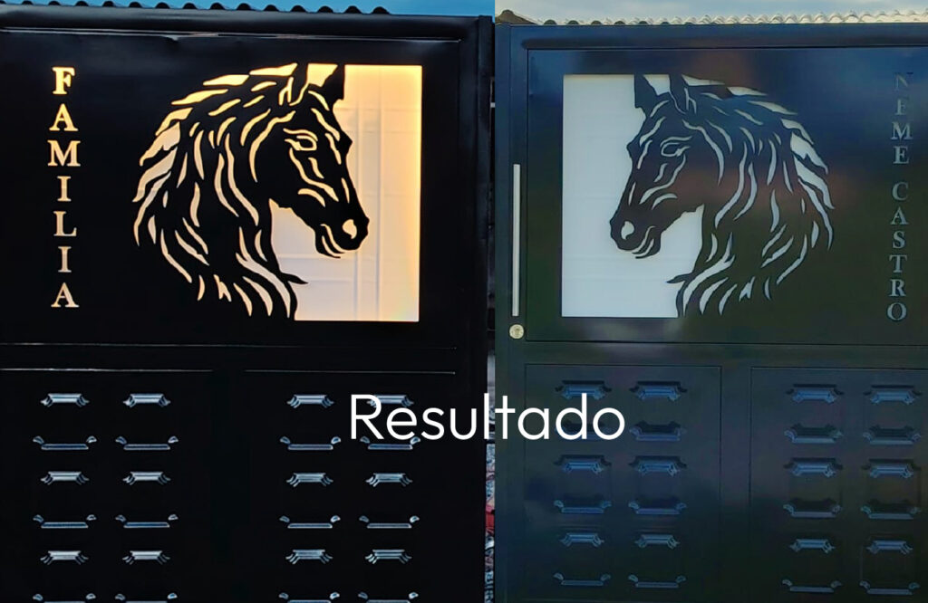 porton con tableros de acero personalizados con diseño de caballo en corte laser.