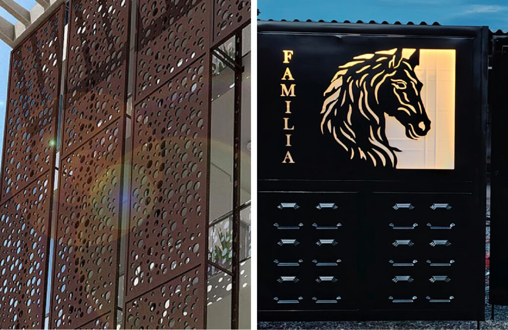 Muestra de imágenes de paneles decorativos en acero con diseños en corte laser. A la izquierda panel con diseño geometrico para decoracion de fachadas. a la derecha porton con tablero en acero y diseño personalizado de silueta de caballo y letras cortadas en laser para decoración e iluminación de la entrada.