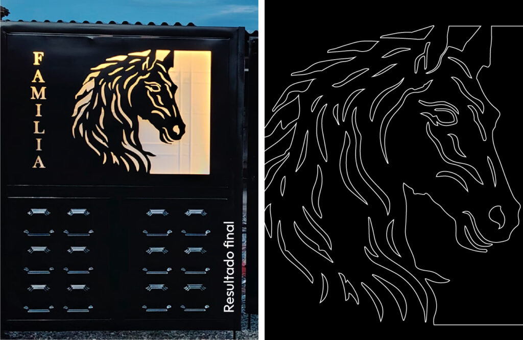 imagen comparativa. a la izquierda: resultado final del panel instalado en el portón, cuenta con iluminación en la parte posterior. A la derecha, dibujo del diseño vectorizado.